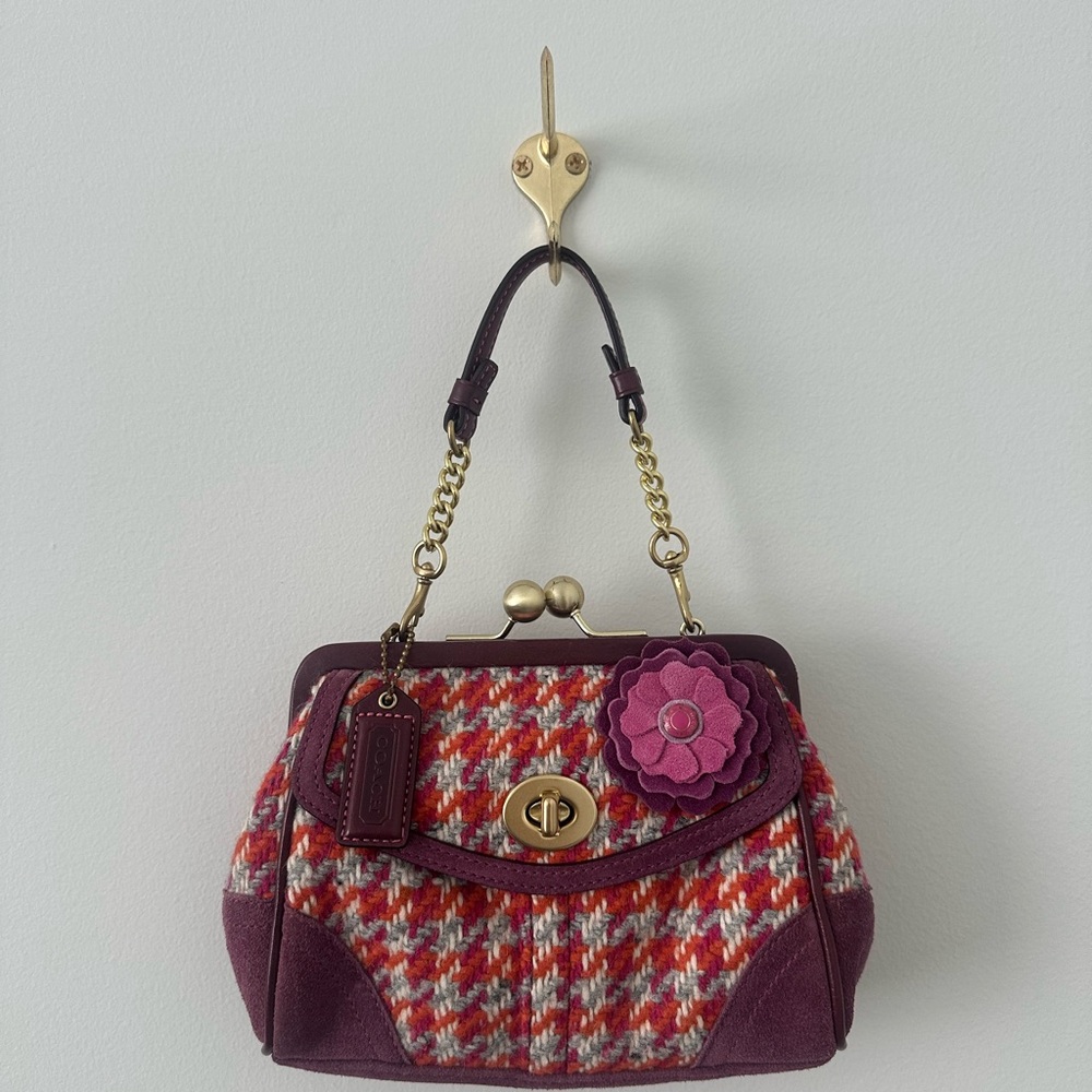 Coach kisslock vintage Houndstooth tweed and suede Frame Satchel in Plum